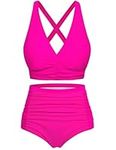 Svanco Women Two Piece Swimsuits Swimsuit Set Ruched Tummy Control High Waisted Bottom Push Up Criss Cross Top Swim Suit for Summer Rose Pink XXL