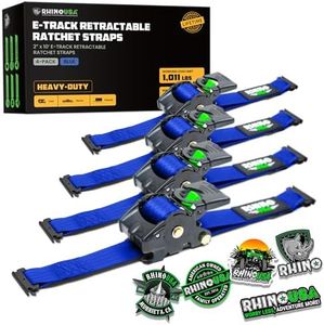 Rhino USA 2”x10’ Retractable E-Track Ratchet Straps: 3,033 Max Break Strength – Perfect for UTV’s, ATV’s and Other Cargo (Blue - 4 Pack)