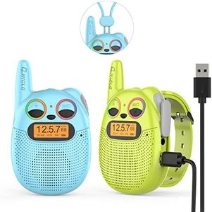 QNIGLO Q136 Walkie Talkie Niños Recargable con Radio FM,3Km Alcance 10 Tonos de Llamada,Montar en Bicicleta Caminar Acampar Correr,Navidad Cumpleaños Regalos para Chicos,Reloj Walky Talky(AzulVerde)