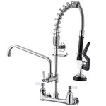 BATHLAVISH Commercial Kitchen Faucet Wall Mount with Pre-Rinse Sprayer 8 Inch Center Wall Mount for Kitchen Sink Faucet with 360° Swivel Spout 25" Height Faucet with Pull Down Spray Chrome