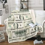 Money Sherpa Blanket, Dollar Bills of United States Federal Reserve With The Portrait of Ben Franklin Fuzzy Blanket for Sofa Bed Couch, Decorative Fleece Throw Blanket, Green Grey,Double 60x79 Inch