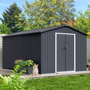 GarveeLife 8x15 Ft Outdoor Storage Shed, Steel Utility Tool Shed with Sloped Roof & Lockable Door, Backyard Garden Patio Lawn Outdoor Shed for Organising Tools and Equipment in Yard, Garden, Grey