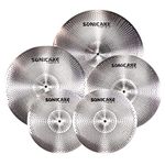 SONICAKE Low Volume Cymbal Pack Quiet Cymbal Set 14" Hi-Hat+16" Crash+18" Crash+20" Ride Cymbal Practice Set of 5pcs Silver