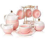 Sweejar Porcelain Tea Sets, 8 oz Cups & Saucer Teaspoons Pack of 4, Teapot Sugar Bowl Cream Pitcher and Tea Strainer for Tea, Coffee, Afternoon Tea Party (Pink)