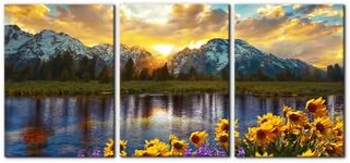 3 Pieces Mountain Canvas Wall Art for Living Room Nature Landscape Picture Sunflower Wall Decor for Bedroom Home Decoration Sunrise Grand Teton National Park Painting Framed Artwork - 20"x28"x3 Panels