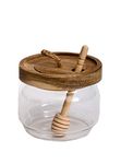 DŠ Stuff Honey Jar Pot Glass Holder Dispenser with Wooden Dipper and Acacia Lid Cover for Home Kitchen, Clear, 9 Ounces, Honey Container for Storage