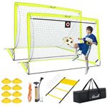 Soccer Goals for Backyard, Set of 2 Soccer Goal for Youth Outdoor Sports Games, 6x4 ft Pop Up Soccer Goal Nets Training Equipment with Ball, Ladder, Cones, Target, Kick Net and Carry Bag - Yellow