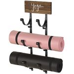 MyGift Wall Mounted Black Metal 3-Tier Yoga Mat Rack/Exercise Mat, Foam Roller Holder with Rustic Burnt Wood Yoga Sign