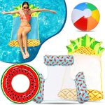 Edmirfun 4 Packs Inflatable Pool Float Set with 2 Water Hammock, Swimming Ring, Beach Ball, Portable Floating Bed Lounge Chair, Perfect for Summer Pool Party Decorations,Summer Gift For Kids