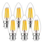 Genixgreen B22 Bayonet Cap Candle Bulbs,6.5W C35 B22 Dimmable LED Filament Candle Light Bulbs, 60-80W Equivalent Warm White 2700K, 806LM,Decorative Light Bulbs Retro Clear Glass-6 Pack