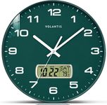 VOLANTIS 12 Inch Non-Ticking Silent Wall Clock with LCD Display for Perpetual Calendar and C° Temperature, Ideal Modern Stylish Clock for Home, Living Room, Bedroom, Office (Green)