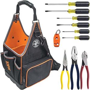 Klein Tools 80127 Tool Bag Kit features Tradesman Pro Tool Tote, 3 Pliers, 6 Screwdrivers and Demagnetizer / Magnetizer, 11-Piece