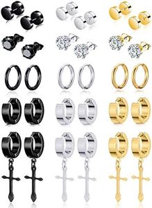 Ofeiyaa 15 Pairs Stainless Steel Dangle Hinged Earrings Hoop Huggie Earrings CZ Stud Earrings Set for Men Women Ear Piercing Jewelry Silver Black Gold Tone, Stainless Steel, Cubic Zirconia