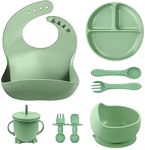 Silicone Baby Feeding Set,8 Piece Food Grade BPA Free Essentials for Toddler Kids Includes Divided Suction Plate, Suction Bowl, Adjustable Bib, Toddlers Spoon and Fork, Cup with Straw (Green)