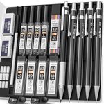 Nicpro Black Art Mechanical Pencil Set in Case, Metal Drafting Pencils 0.3, 0.5, 0.7, 0.9 & 2mm Graphite Lead Holders (2H HB 2B 4B Colored Lead) for Sketching Drawing with 9 Lead Refills, 2 Erasers