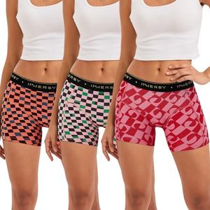 INNERSY Boxer Femme Taille Basse Boyshort Coton Shorty de Sport sous Jupe Culottes Lot de 3 (38-40, 2 Carreaux/1 Géométrie)