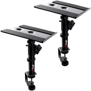 Tlingt Studio Monitor and Speaker Stand Pair, Clamp-on Desk Speaker Stand Set of 2, 9.5x9 inch Metal Tray, -10° to +10° Tilted Angle for Wide Range of Monitor Speakers, Bookshelf Speakers, Laptops.