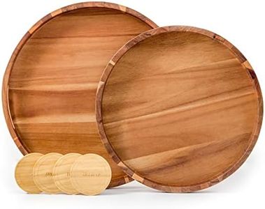 Round Wood Serving Trays Set of 2, Ottoman Tray Rustic Acacia Wooden Trays with Handles, Nesting Circle Tray with 4 Coasters for Coffee Table Living Room Bathroom Bedroom Party