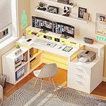 YITAHOME L Shaped Desk with 3 Drawers, 65" Corner Computer Desk with Power Outlets & LED Lights, L-Shaped Desk with File Cabinet & Printer Stand for Home Office, White