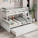 Giantex Twin Over Full Bunk Bed with Trundle, Convertible Platform Bed Frame with Ladder, Solid Wood Frame & Safety High Guardrails, Space-Saving Bunk Bed for Teens & Kids, No Box Spring Needed, White