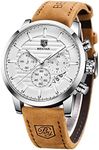 BENYAR Mens Watches Quartz Chronograph Business Brand Waterproof Wristwatches Fashion Brown Leather Watches for Men (Brown Silver White)