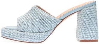 Monrovia Raffia Heeled Sandals for Women，Platform Wedge Slip On Block Heel, Dressy Summer Open Toe Chunky High Heel Vacation Beach Slides Sandals, Blue Size 8.5