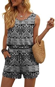 DouBCQ Womens Summer Casual Sleeveless Loose Jumpsuits Romper with Pockets (Black Khaki,Large)