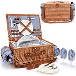 Picnic Baskets for 2, Picnic Basket with Waterproof Blanket, Picnic Basket Set with Washable Beach Mat & Large Insulated Cooler Compartment, Handmade Natural Wicker Hamper for Camping, Outdoor Party