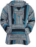 Classic Mexican Baja Hoodie Sweater Pullover, Turquoise /Black Stripe, M