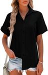 Zeagoo Short Sleeve Button Down Women Cotton Tops for Women V Neck Linen Blouse Tunics Plain Office Work Blouses Black