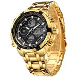 GOLDEN HOUR Luxury Stainless Steel Analog Digital Watches for Men Male Outdoor Sport Waterproof Big Heavy Wristwatch (Gold Black)