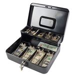 KYODOLED Large Cash Box with Money Tray and Lock, Metal Money Box Safe, Cash Register,5 Compartments Cantilever Tray & 4 Spring-Loaded Clips for Bills,11.81"x 9.45"x 3.54", Black