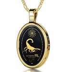 Gold Plated Zodiac Pendant Scorpio Necklace Inscribed in 24ct Gold on Onyx Stone, 18" Gold Filled Chain