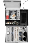 HOUNDSBAY Admiral Dresser Valet Box & Mens Jewelry Box Organizer with Large Smartphone Charging Station (Grey)