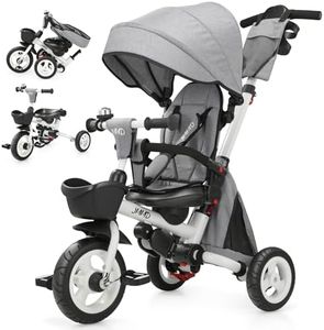 JMMD Baby Tricycle, 7-in-1 Folding Kids Trike with Adjustable Parent Handle, Safety Harness & Wheel Brakes, Removable Canopy, Storage, Stroller Bike Gift for Toddlers 18 Months - 5 Years, Grey
