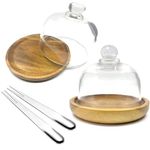 2 Pack Ultra Mini Wooden Base Cake Display Stand with Glass Dome,Cloche Clear Glass Bell Jar Cover for Dessert Cheese Candy Plants Succulents (4.1 x 3.7 inch)