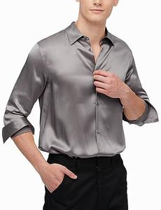 LilySilk Silk Mens Basic Shirt 100% Mulberry Silk Dress Shirt for Formal Casual Long Sleeves Versatile Dark Gray XL