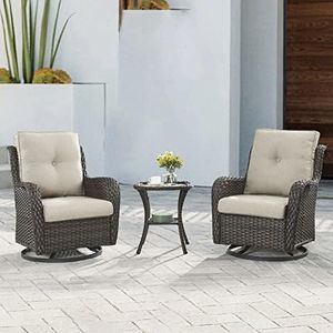 Pugire Outdoor Patio Swivel Rocker Chairs - 3 Piece Patio Bistro Set,Wicker Patio Furniture Set with 2 Swivel Rocking Chairs and 1 Glass Top Side Table for Deck Porch Garden,Brown/Beige