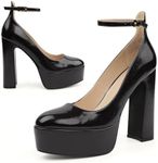 JENN ARDOR Platform Heels for Women Chunky Heel Closed Toe High Heels Block Heel Ankle Strap, Black/Pu, 9.5