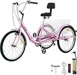 VEVOR Pink Tricycle Adult 26 Wheels Adult Tricycle 7-Speed 3 Wheel Bikes For Adults Three Wheel Bike For Adults Adult Trike Adult Folding Tricycle Foldable Adult Tricycle 3 Wheel Bike Trike For Adults