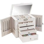 VIMBER Large Jewelry Boxes for Women with Drawers, Lock and Mirror, 5 Tier Jewelry Organizer Box for Earrings Rings Necklaces Watches Bracelets, Gift Case White USSH001B