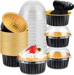 KAHEIGN 50Pcs Mini Cake Tins with Lids and Spoons, 150ml Round Aluminum Foil Baking Pans Small Loaf Cups Tart Pie Cupcake Containers for Bread Dessert Wedding Birthday Picnic Party (Black Gold)