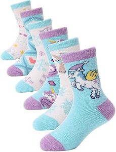 ProEtrade Merino Wool Socks for Kids Toddlers Boys Girls Thick Warm Winter Hiking Heavy Thermal Cozy Crew Boot Gift Socks 6 Pack(Blue Unicorn,8-12 Y)