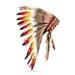 Pink Pineapple Handcrafted Native American Inspired Feather Headdress - Short Length - Orange, Red and Black