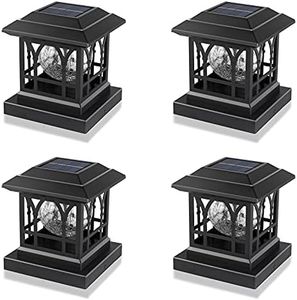 AEFRELEOHT Solar Post Cap Lights, Warm White & RGB Automatic Cycling, Cracked Glass Bulb, 20 Lumens lP65 Waterproof Fit 3.6x3.6 4x4 4.5x4.5 5x5 Wood Fence Post Solar Powered Lights Black (4 Pack)