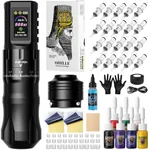 HAWINK Tattoo Kit Tattoo Gun Wireless Tattoo Machine Normal/Stippling Mode 7 Adjustable Stroke 1800mAh Power with RCA Section 20pcs Tattoo Cartridges Needles 7 Colors Ink forTattoo Artists HWE86KIT-1