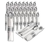 25 Pre Rolled Silver Plastic Silverware - 100pc Set, Service for 25 - Wrapped Disposable Silverware Set with Forks, Knives, Spoons, White Napkins - Fancy Decorative Flatware for Dinner, Party, Wedding