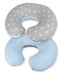 Nursing Pillow Dimple Breast and Bottle Feeding Cushion Baby/Newborn Washable Removable Cotton Cover Maternity Pregnancy Gifts (Blue/White Stars on Grey) 1pc