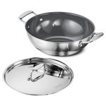 TRAMONTINA Fusao Healthy Triply Ceramic 26cm/3.7L Kadai EX+ with SS 304 lid | Non Toxic Kadhai(PFAS/PTFE/PFOA Free) Curry | Deep Fry | StirFry | Induction Friendly | Stay Cool Handle