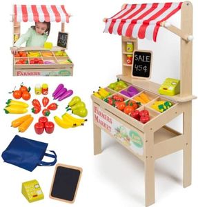 Svan Wooden Farmers Market Stand Toy Grocery Set for Pretend Role Play, 30+ Pieces Includes Fruit Veggies Chalkboard & Cash Register, Fun Indoor Natural Wood Set Kids Playroom Daycare Activity Center